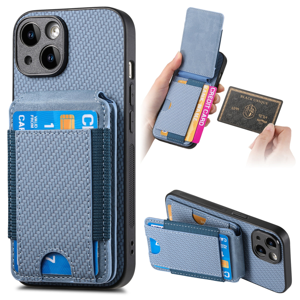 ELECTROPRIME For iPhone 15 Carbon Fiber Vertical Flip Wallet Stand Phone Case(Blue)