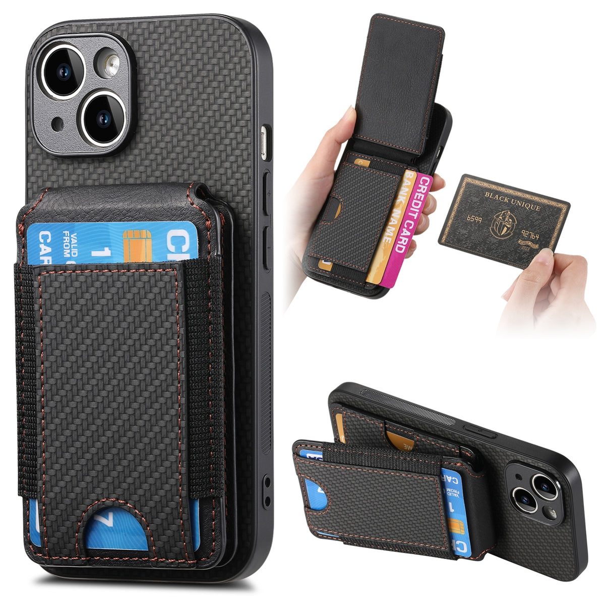 ELECTROPRIME For iPhone 15 Carbon Fiber Vertical Flip Wallet Stand Phone Case(Black)