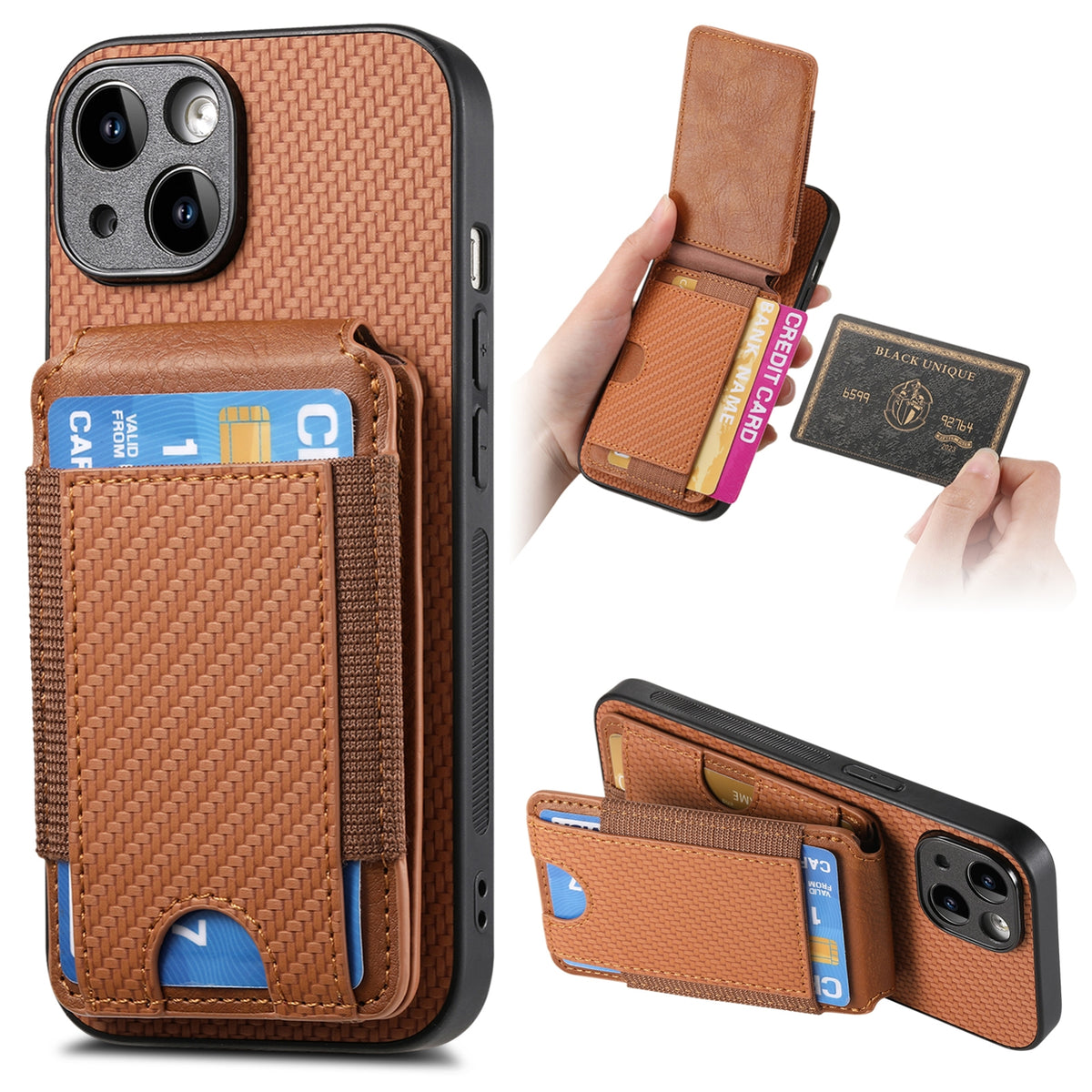 ELECTROPRIME For iPhone 15 Carbon Fiber Vertical Flip Wallet Stand Phone Case(Brown)