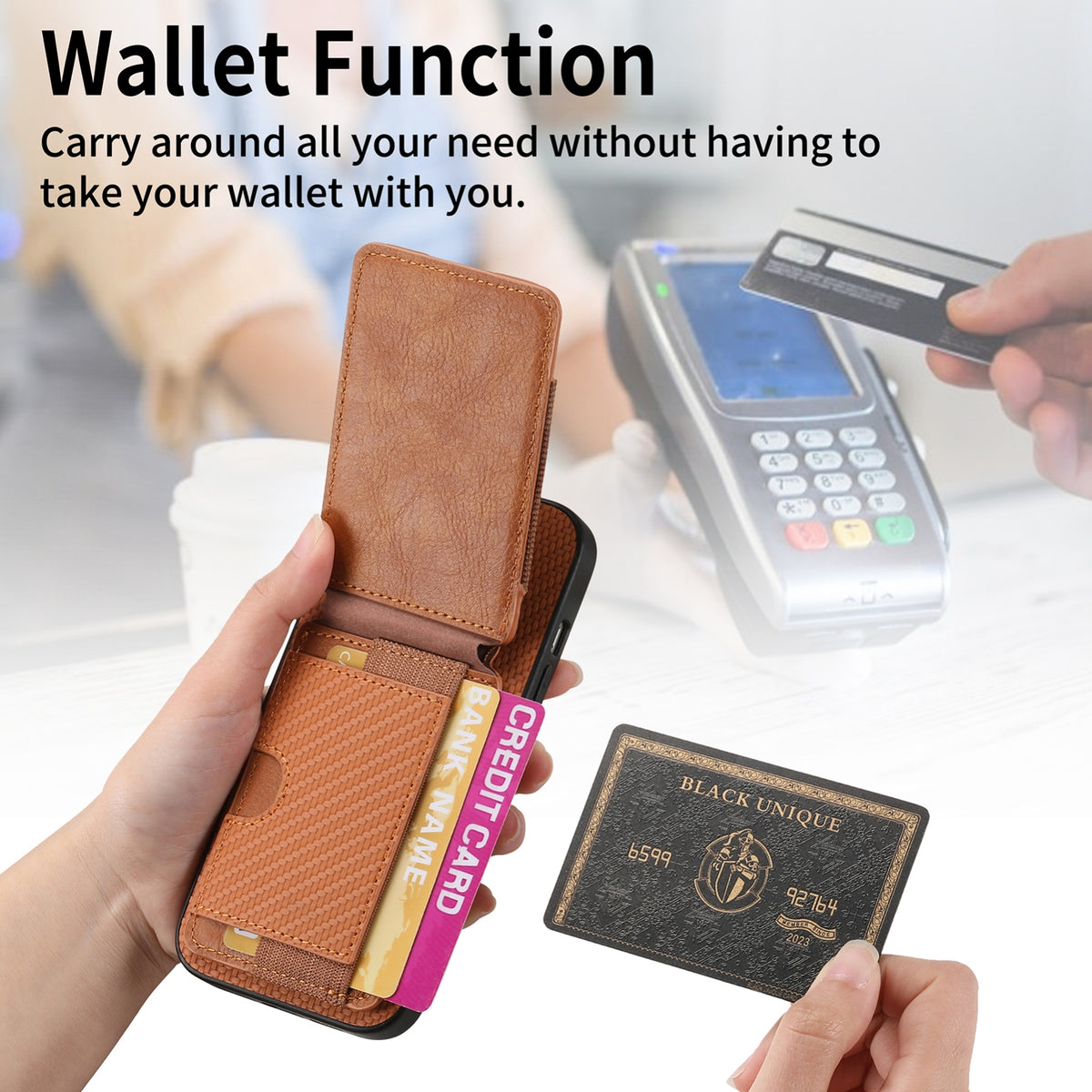 ELECTROPRIME For iPhone 15 Carbon Fiber Vertical Flip Wallet Stand Phone Case(Brown)