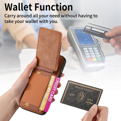 ELECTROPRIME For iPhone 15 Carbon Fiber Vertical Flip Wallet Stand Phone Case(Brown)