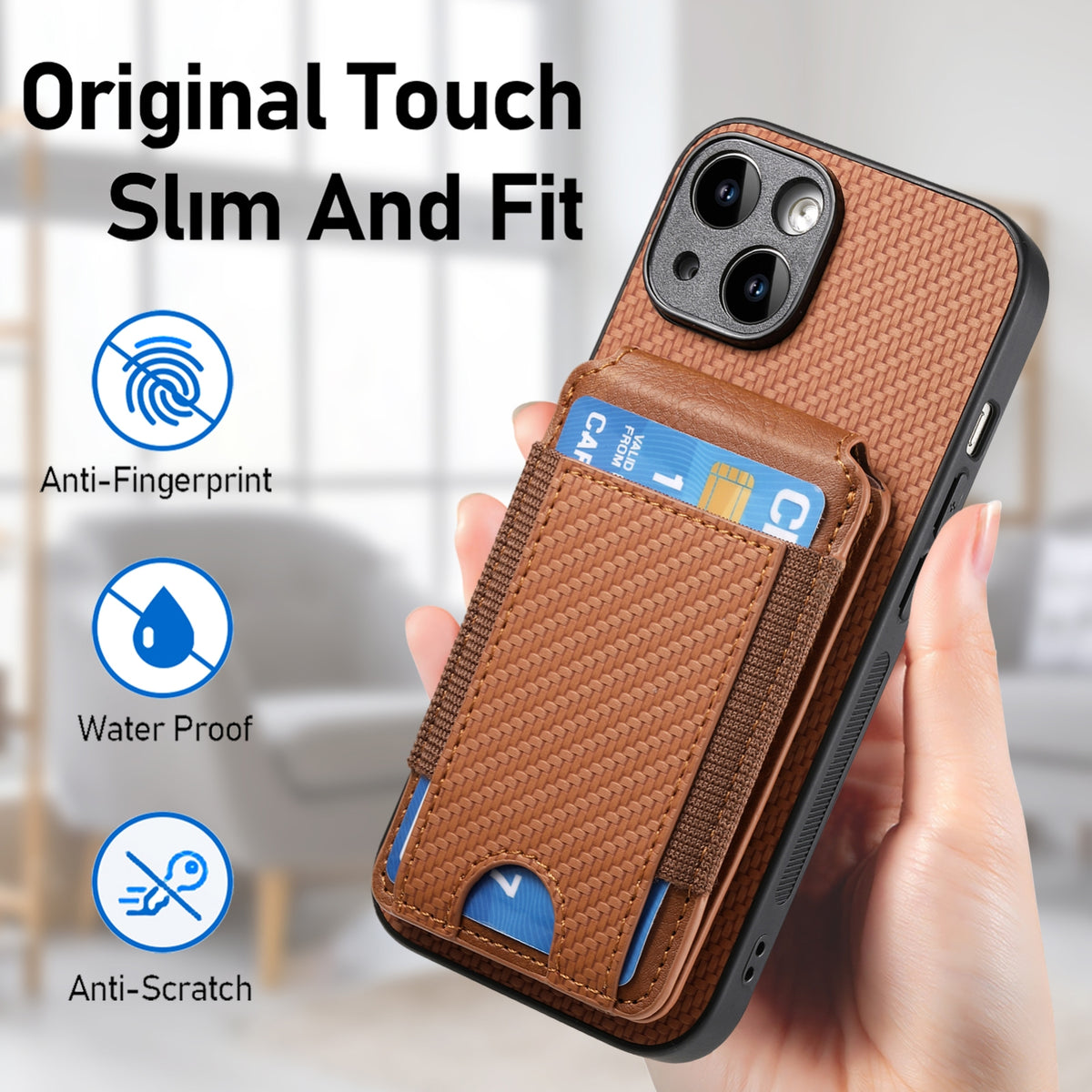 ELECTROPRIME For iPhone 15 Carbon Fiber Vertical Flip Wallet Stand Phone Case(Brown)
