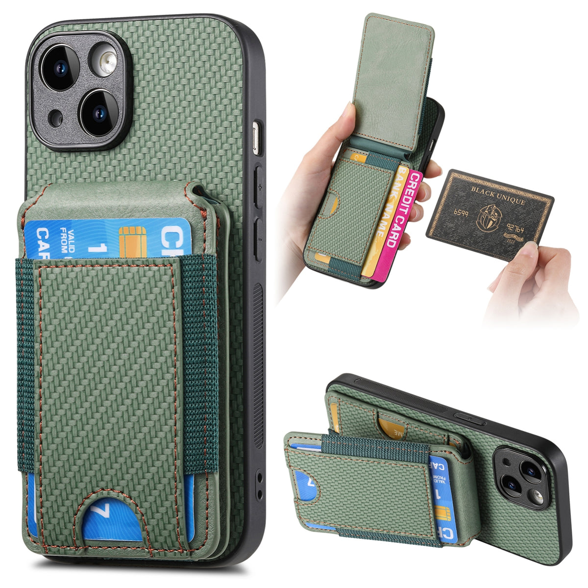 ELECTROPRIME For iPhone 15 Carbon Fiber Vertical Flip Wallet Stand Phone Case(Green)