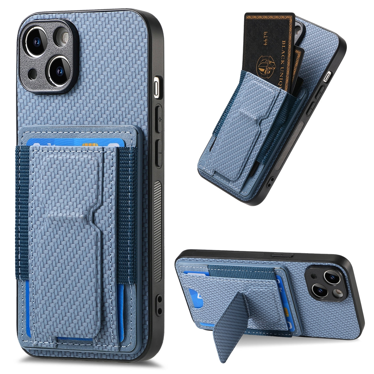 ELECTROPRIME For iPhone 15 Plus Carbon Fiber Fold Stand Elastic Card Bag Phone Case(Blue)