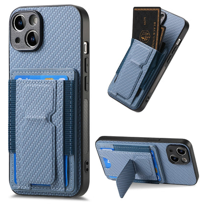 ELECTROPRIME For iPhone 15 Plus Carbon Fiber Fold Stand Elastic Card Bag Phone Case(Blue)