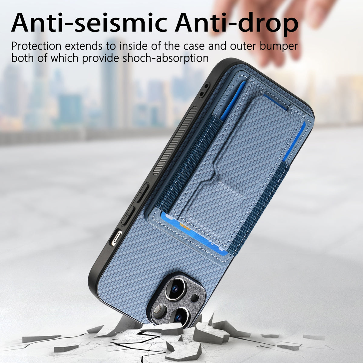 ELECTROPRIME For iPhone 15 Plus Carbon Fiber Fold Stand Elastic Card Bag Phone Case(Blue)