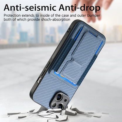ELECTROPRIME For iPhone 15 Plus Carbon Fiber Fold Stand Elastic Card Bag Phone Case(Blue)