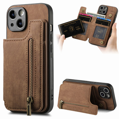 ELECTROPRIME For iPhone 15 Retro Leather Zipper Wallet Back Phone Case(Brown)