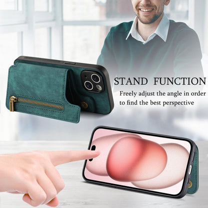 ELECTROPRIME For iPhone 15 Retro Leather Zipper Wallet Back Phone Case(Green)