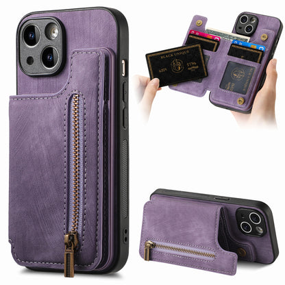 ELECTROPRIME For iPhone 15 Retro Leather Zipper Wallet Back Phone Case(Purple)