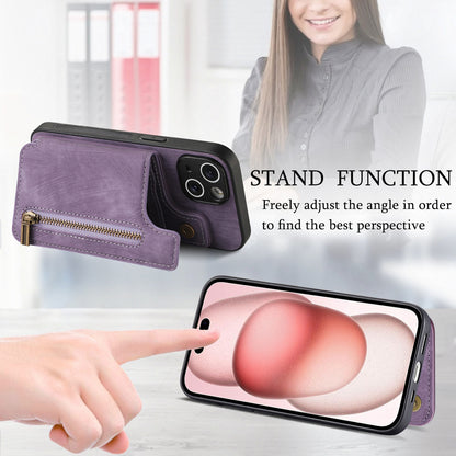 ELECTROPRIME For iPhone 15 Retro Leather Zipper Wallet Back Phone Case(Purple)
