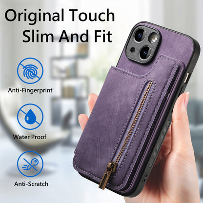 ELECTROPRIME For iPhone 15 Retro Leather Zipper Wallet Back Phone Case(Purple)