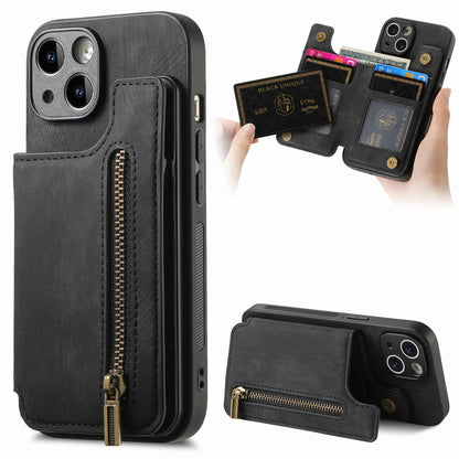 ELECTROPRIME For iPhone 15 Plus Retro Leather Zipper Wallet Back Phone Case(Black)