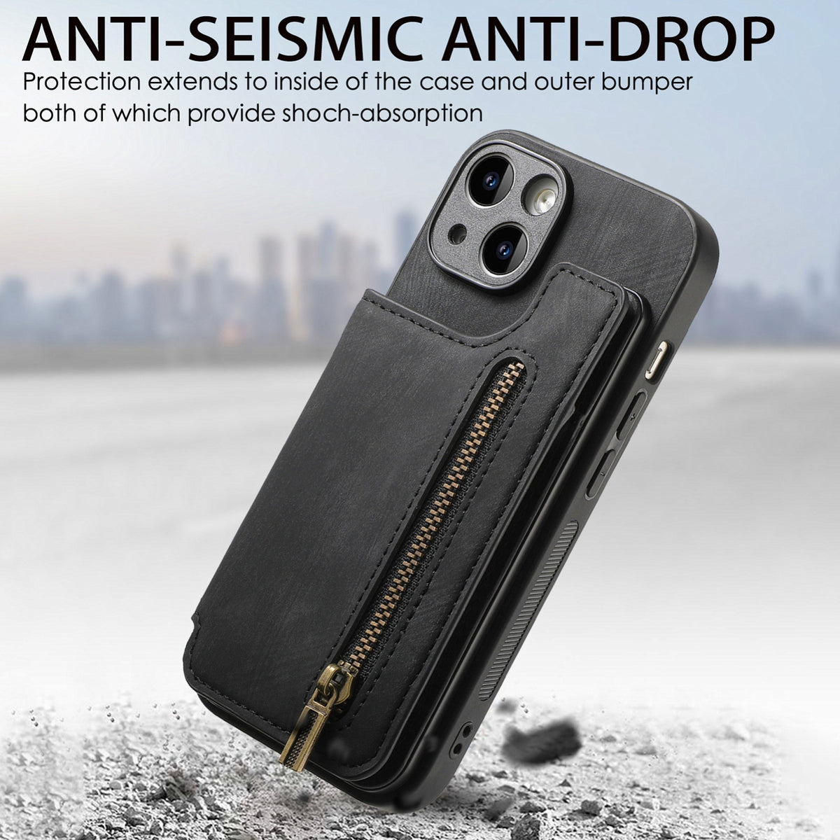 ELECTROPRIME For iPhone 15 Plus Retro Leather Zipper Wallet Back Phone Case(Black)