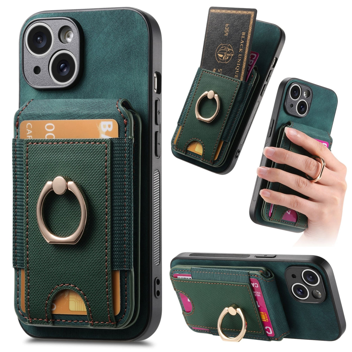 ELECTROPRIME For iPhone 15 Plus Retro Splitable Magnetic Stand Card Bag Leather Phone Case(Green)