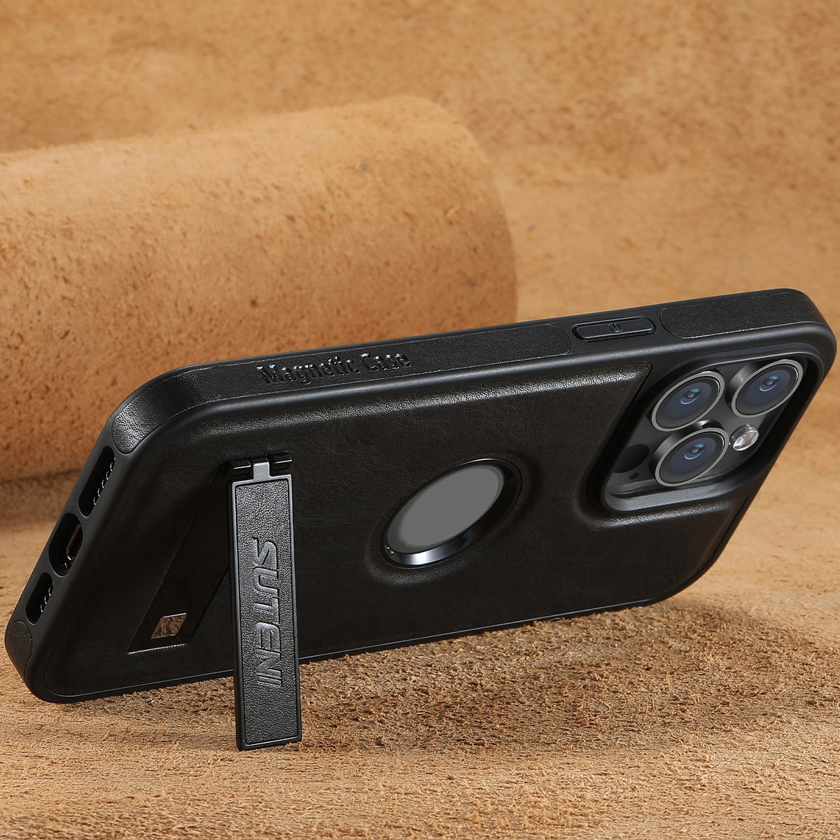 ELECTROPRIME For iPhone 15 Suteni G2 Magsafe Oil Wax Leather Back Phone Case with Holder(Black)