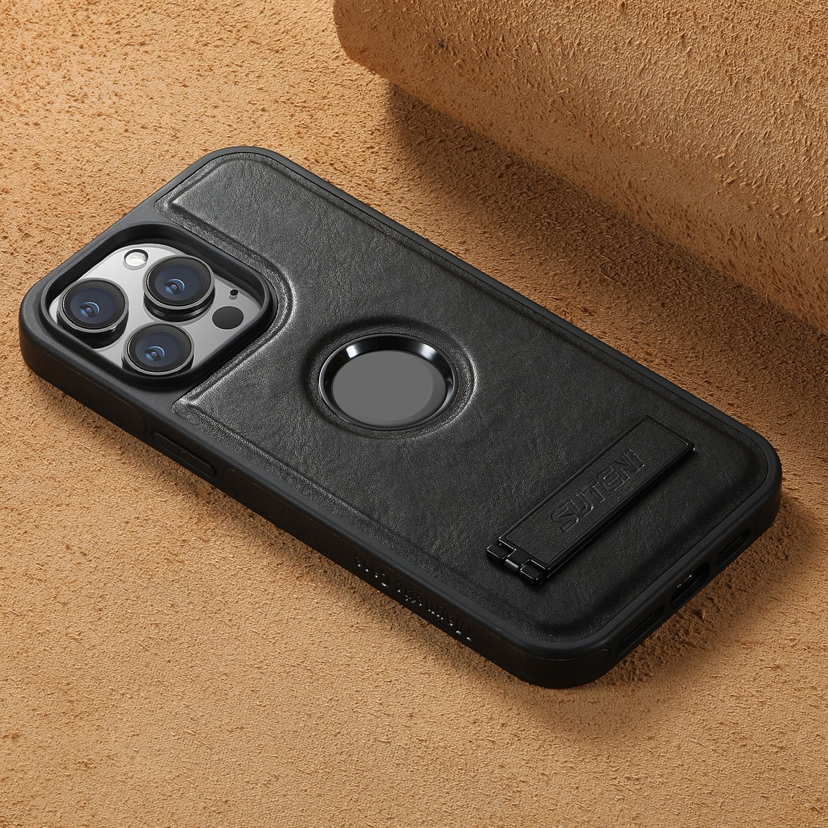 ELECTROPRIME For iPhone 15 Suteni G2 Magsafe Oil Wax Leather Back Phone Case with Holder(Black)
