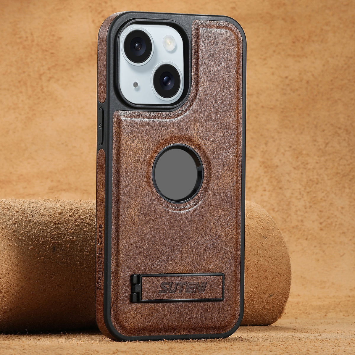 ELECTROPRIME For iPhone 15 Suteni G2 Magsafe Oil Wax Leather Back Phone Case with Holder(Brown)