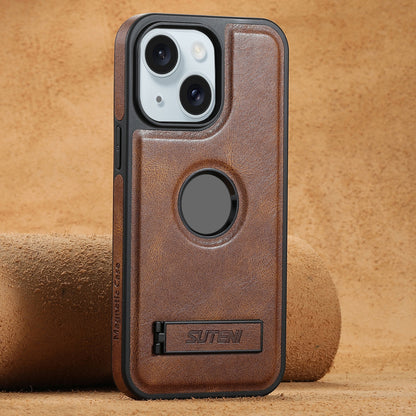 ELECTROPRIME For iPhone 15 Suteni G2 Magsafe Oil Wax Leather Back Phone Case with Holder(Brown)