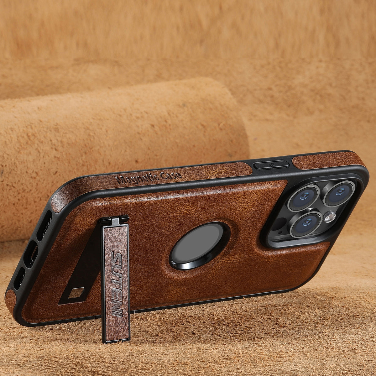 ELECTROPRIME For iPhone 15 Suteni G2 Magsafe Oil Wax Leather Back Phone Case with Holder(Brown)