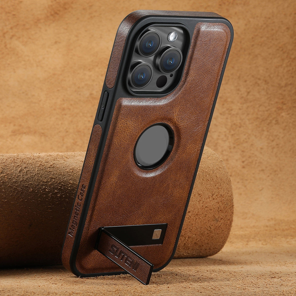 ELECTROPRIME For iPhone 15 Suteni G2 Magsafe Oil Wax Leather Back Phone Case with Holder(Brown)