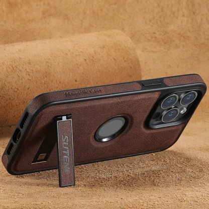 ELECTROPRIME For iPhone 15 Suteni G2 Magsafe Litchi Texture Leather Back Phone Case with Holder(Brown)