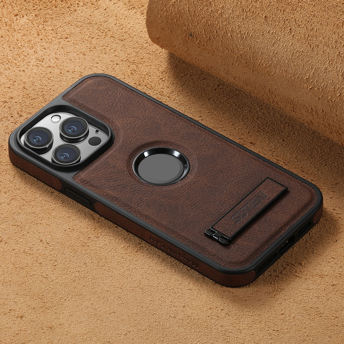 ELECTROPRIME For iPhone 15 Suteni G2 Magsafe Litchi Texture Leather Back Phone Case with Holder(Brown)