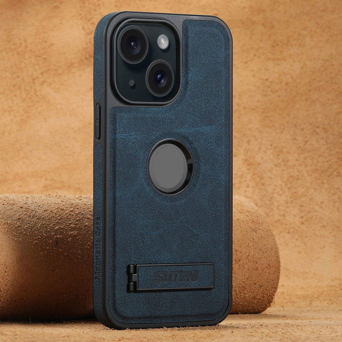 ELECTROPRIME For iPhone 15 Suteni G2 Magsafe Litchi Texture Leather Back Phone Case with Holder(Blue)