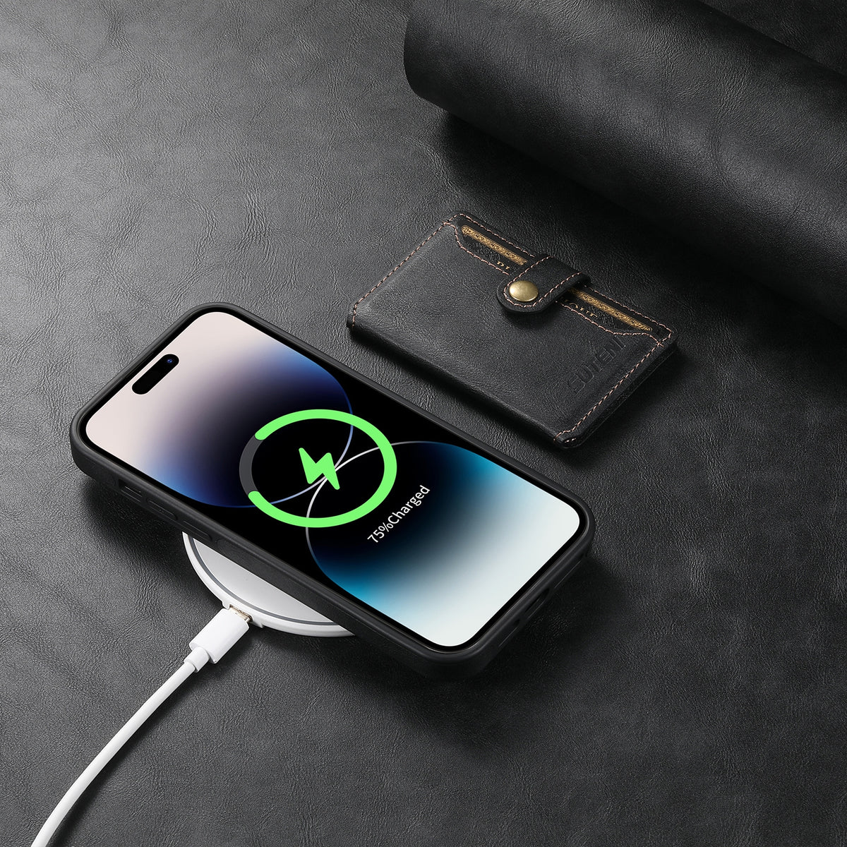 ELECTROPRIME For iPhone 15 Plus Suteni M1 Oil Wax MagSafe Detachable Horizontal Card Bag Phone Case(Black)