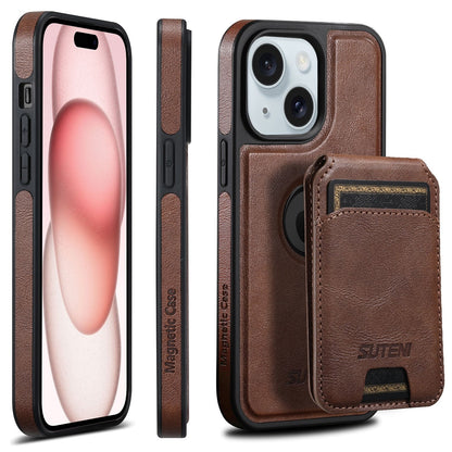 ELECTROPRIME For iPhone 15 Plus Suteni M2 Oil Wax MagSafe Horizontal Card Bag Phone Case(Brown)