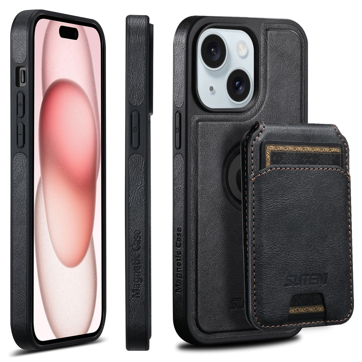 ELECTROPRIME For iPhone 15 Suteni M2 Oil Wax MagSafe Horizontal Card Bag Phone Case(Black)