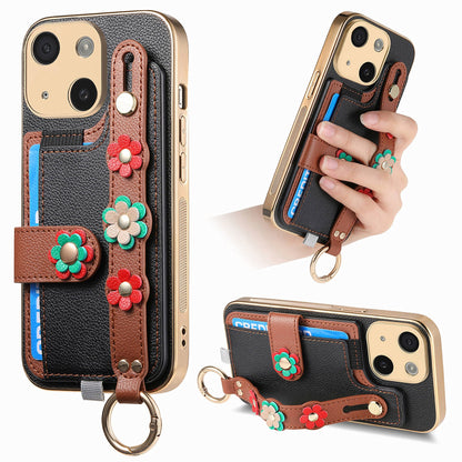 ELECTROPRIME For iPhone 15 Plus Stereoscopic Flowers Wristband Card Bag Phone Case(Black)
