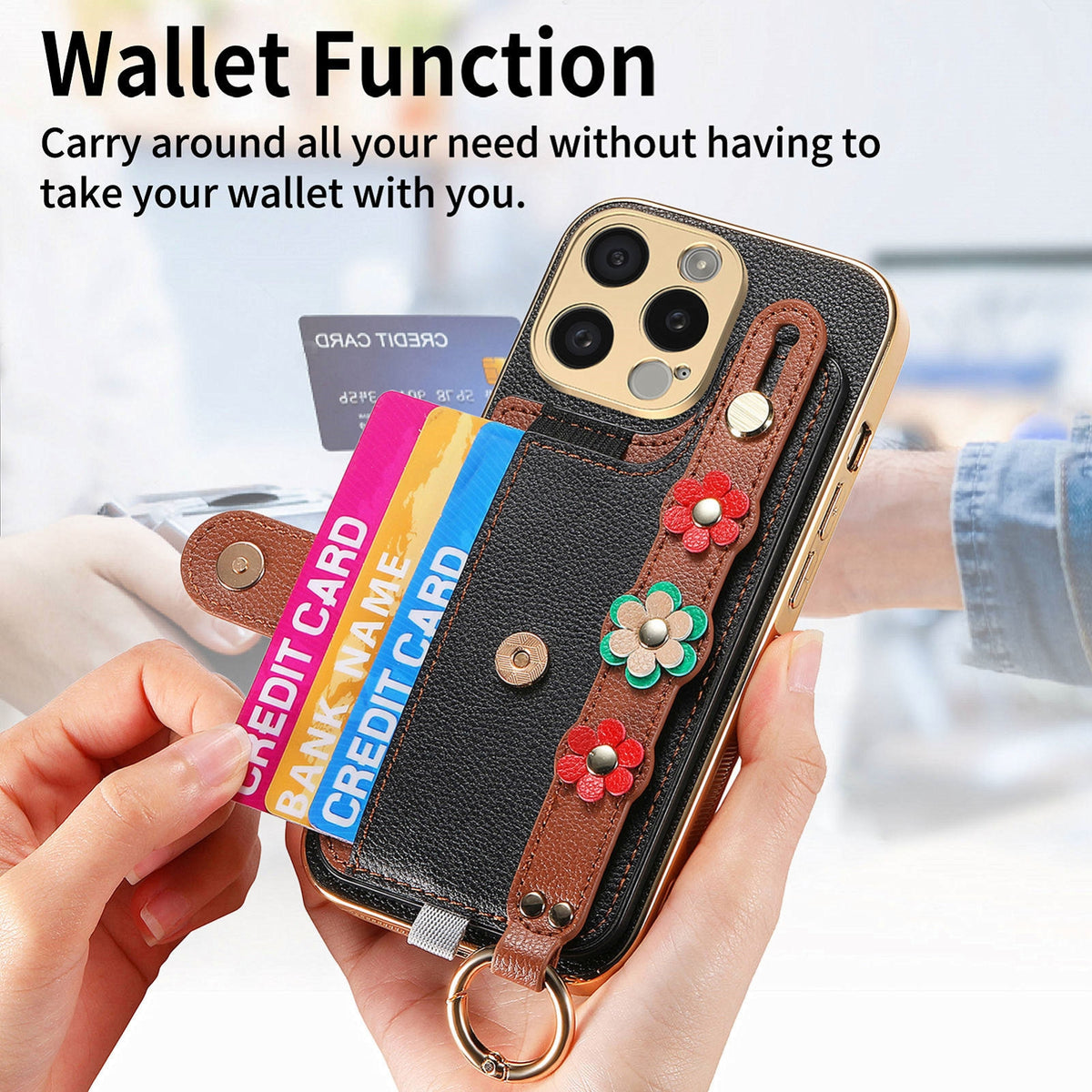 ELECTROPRIME For iPhone 15 Plus Stereoscopic Flowers Wristband Card Bag Phone Case(Black)