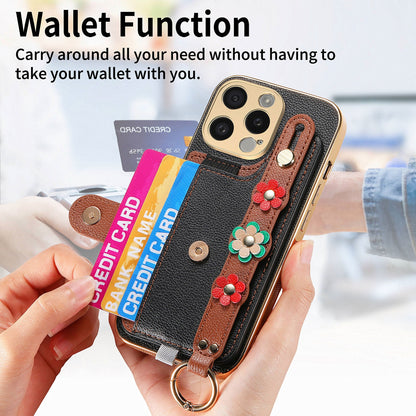 ELECTROPRIME For iPhone 15 Plus Stereoscopic Flowers Wristband Card Bag Phone Case(Black)
