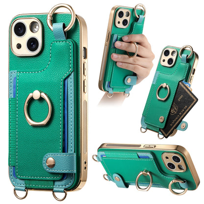 ELECTROPRIME For iPhone 15 Plus Fashion Ring Card Bag Phone Case with Hang Loop(Green)