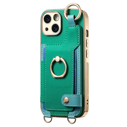 ELECTROPRIME For iPhone 15 Plus Fashion Ring Card Bag Phone Case with Hang Loop(Green)