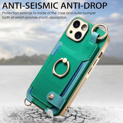 ELECTROPRIME For iPhone 15 Plus Fashion Ring Card Bag Phone Case with Hang Loop(Green)