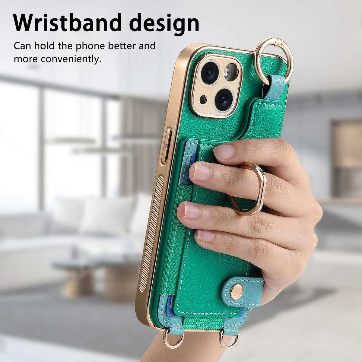 ELECTROPRIME For iPhone 15 Plus Fashion Ring Card Bag Phone Case with Hang Loop(Green)