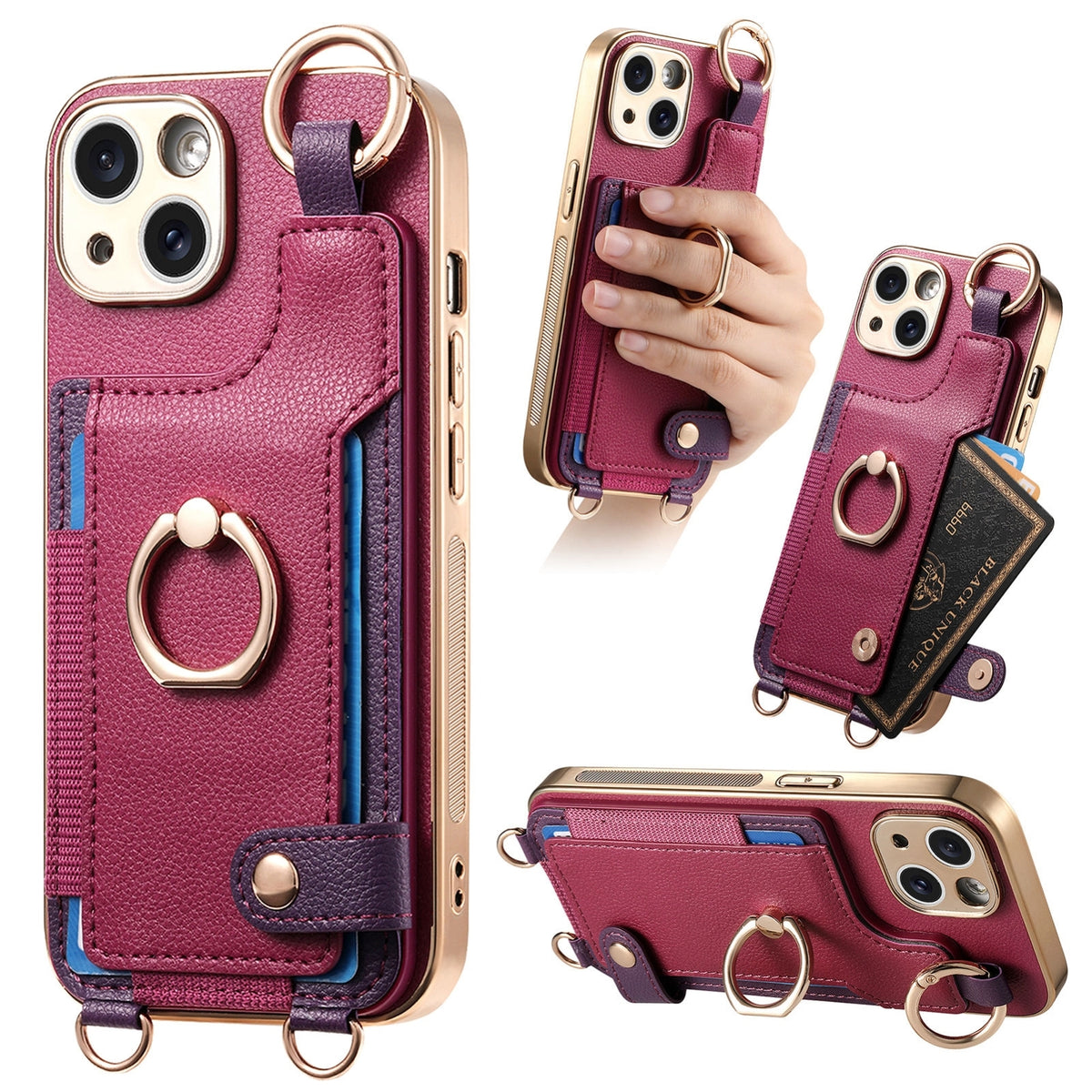 ELECTROPRIME For iPhone 15 Fashion Ring Card Bag Phone Case with Hang Loop(Purple)
