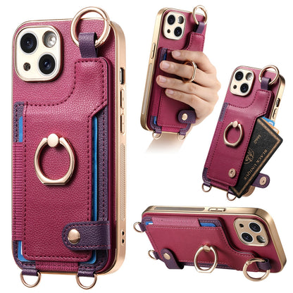 ELECTROPRIME For iPhone 15 Fashion Ring Card Bag Phone Case with Hang Loop(Purple)