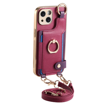 ELECTROPRIME For iPhone 15 Fashion Ring Card Bag Phone Case with Hang Loop(Purple)