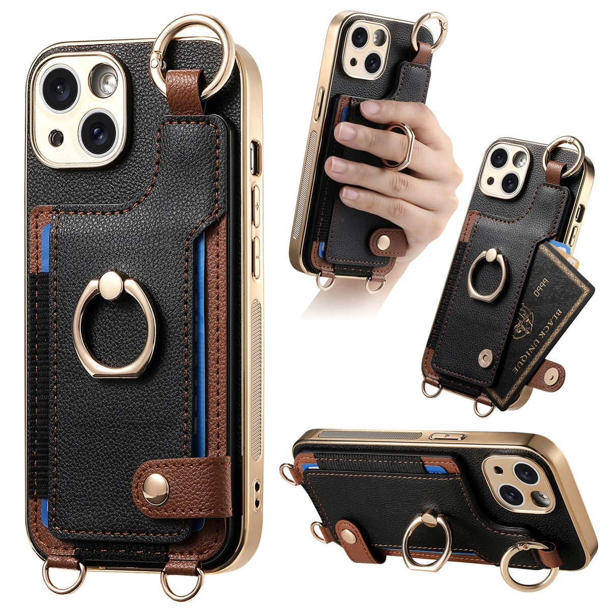 ELECTROPRIME For iPhone 15 Fashion Ring Card Bag Phone Case with Hang Loop(Black)