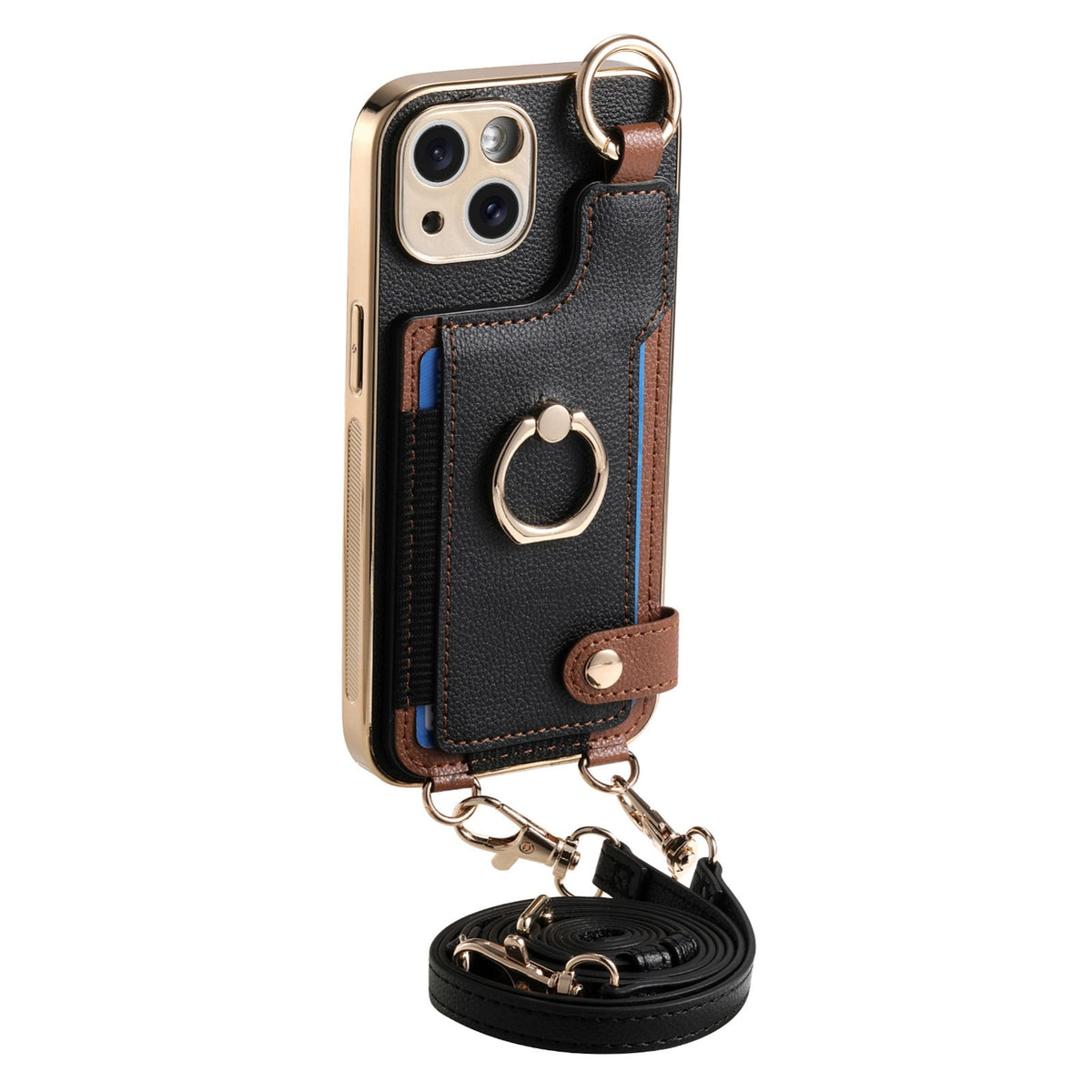 ELECTROPRIME For iPhone 15 Fashion Ring Card Bag Phone Case with Hang Loop(Black)