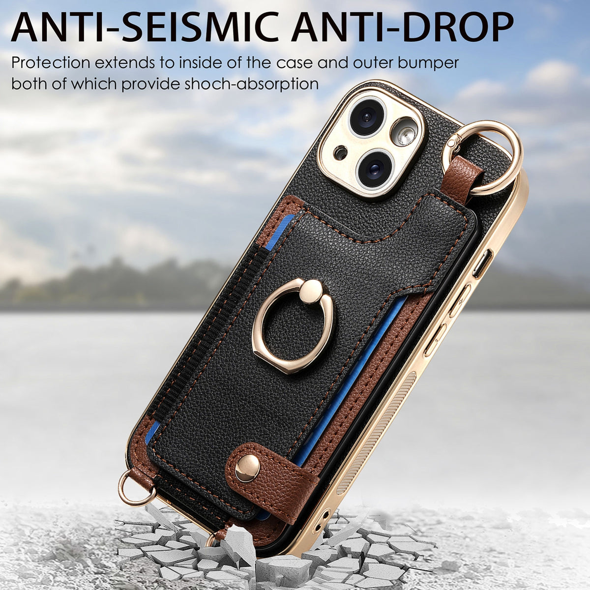 ELECTROPRIME For iPhone 15 Fashion Ring Card Bag Phone Case with Hang Loop(Black)