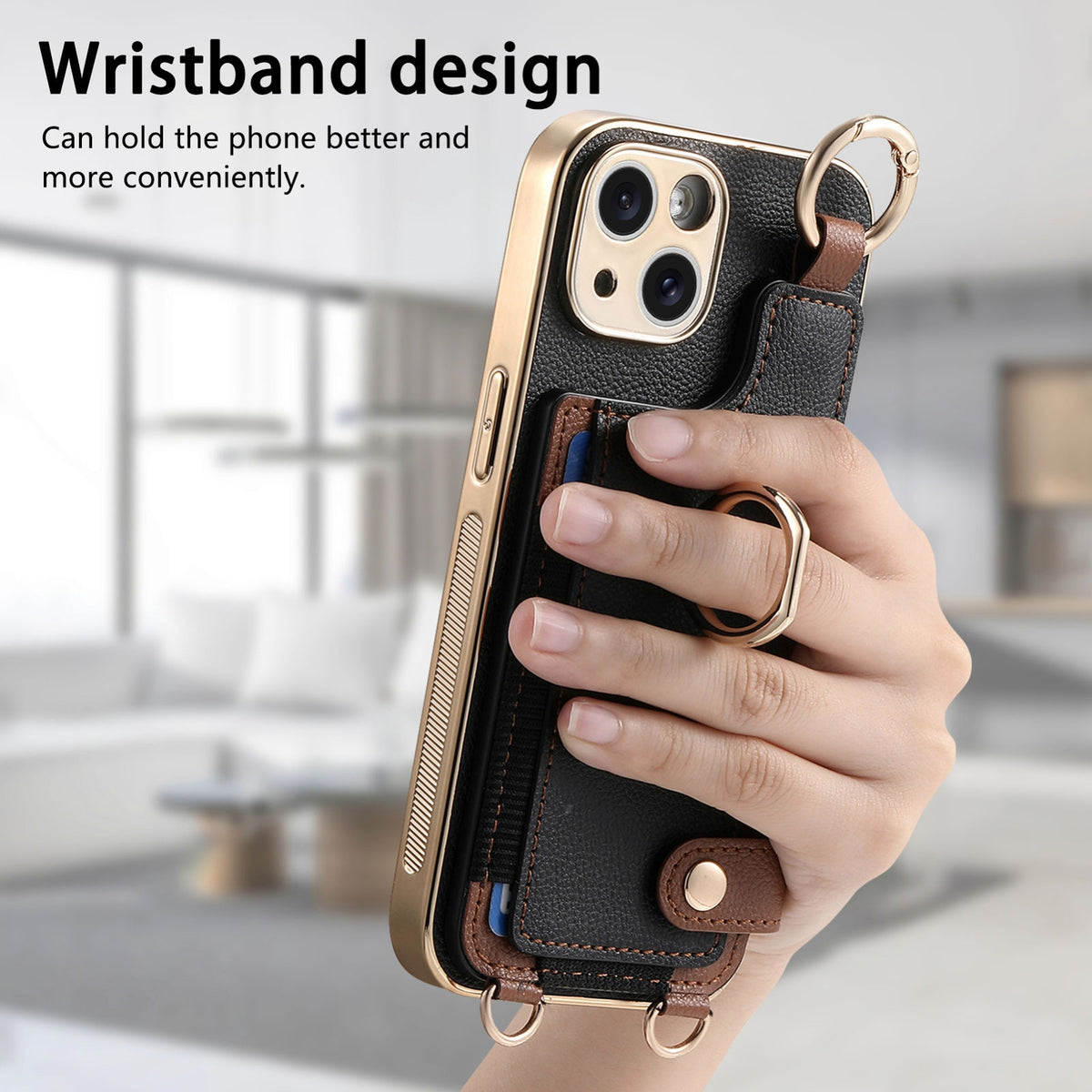 ELECTROPRIME For iPhone 15 Fashion Ring Card Bag Phone Case with Hang Loop(Black)
