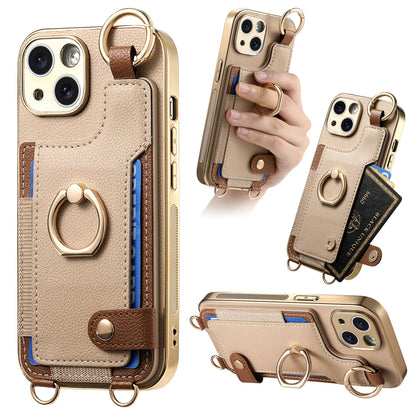 ELECTROPRIME For iPhone 15 Fashion Ring Card Bag Phone Case with Hang Loop(Khaki)