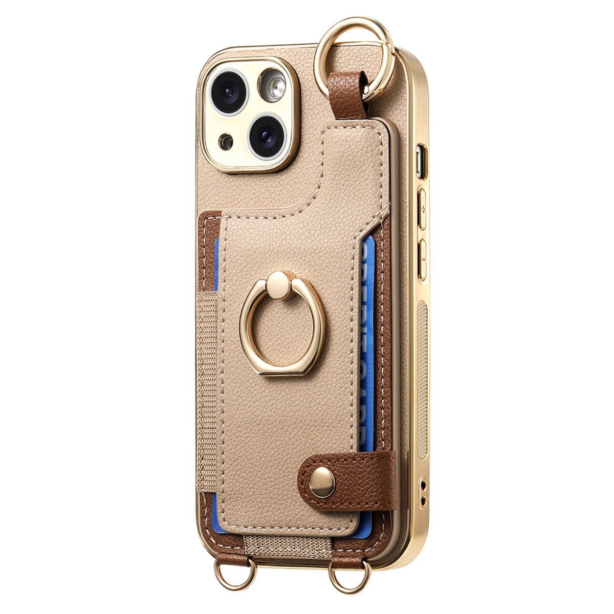 ELECTROPRIME For iPhone 15 Fashion Ring Card Bag Phone Case with Hang Loop(Khaki)