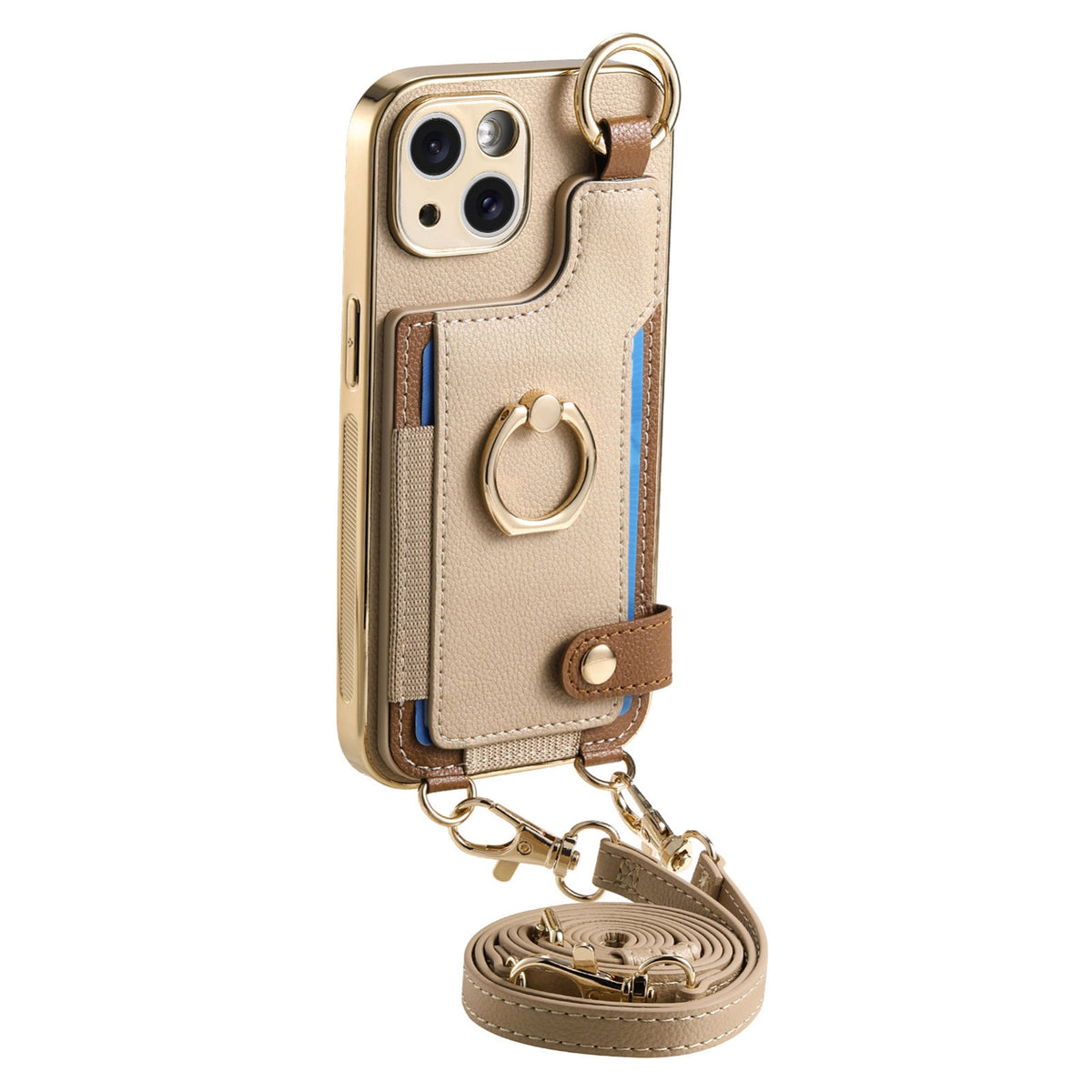 ELECTROPRIME For iPhone 15 Fashion Ring Card Bag Phone Case with Hang Loop(Khaki)