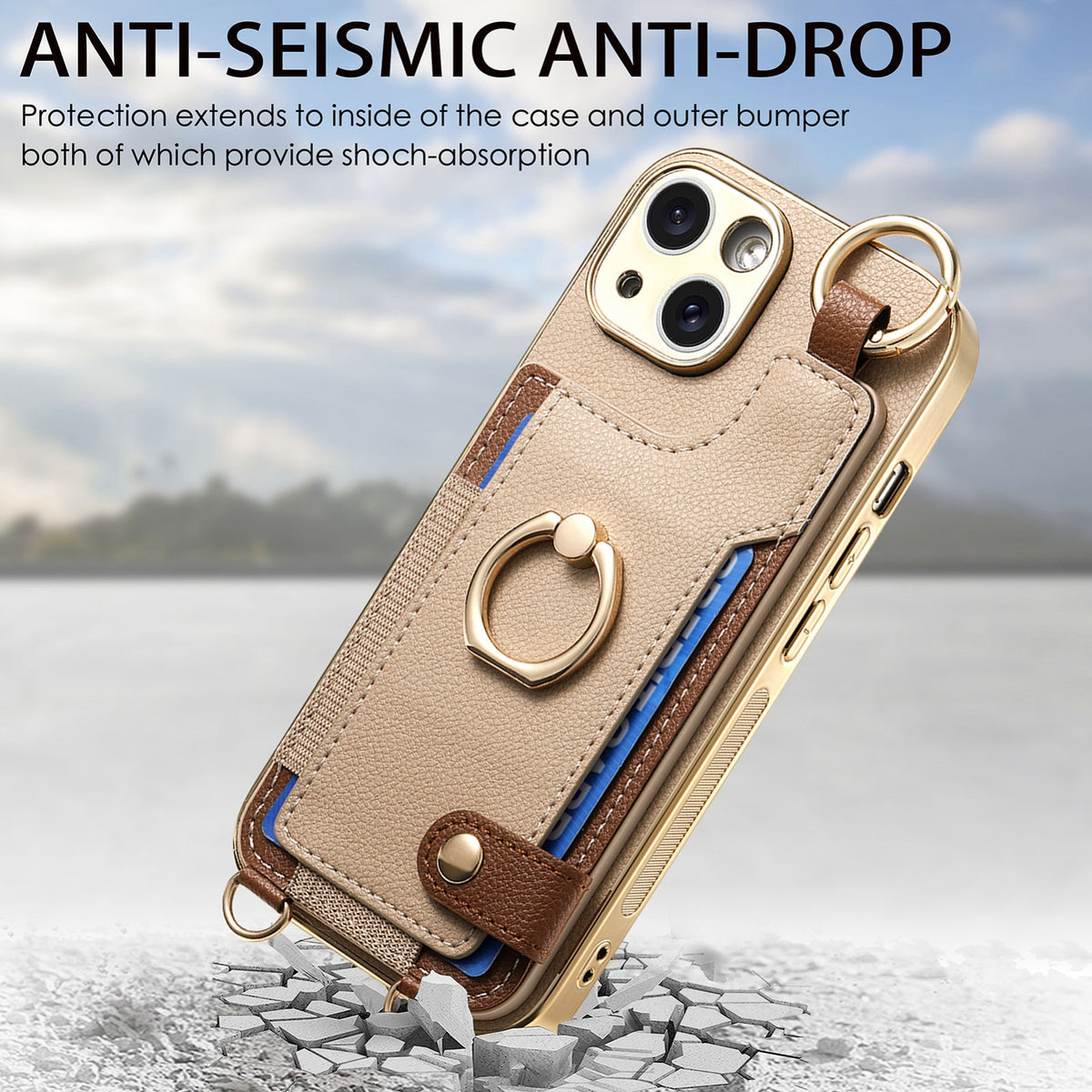 ELECTROPRIME For iPhone 15 Fashion Ring Card Bag Phone Case with Hang Loop(Khaki)