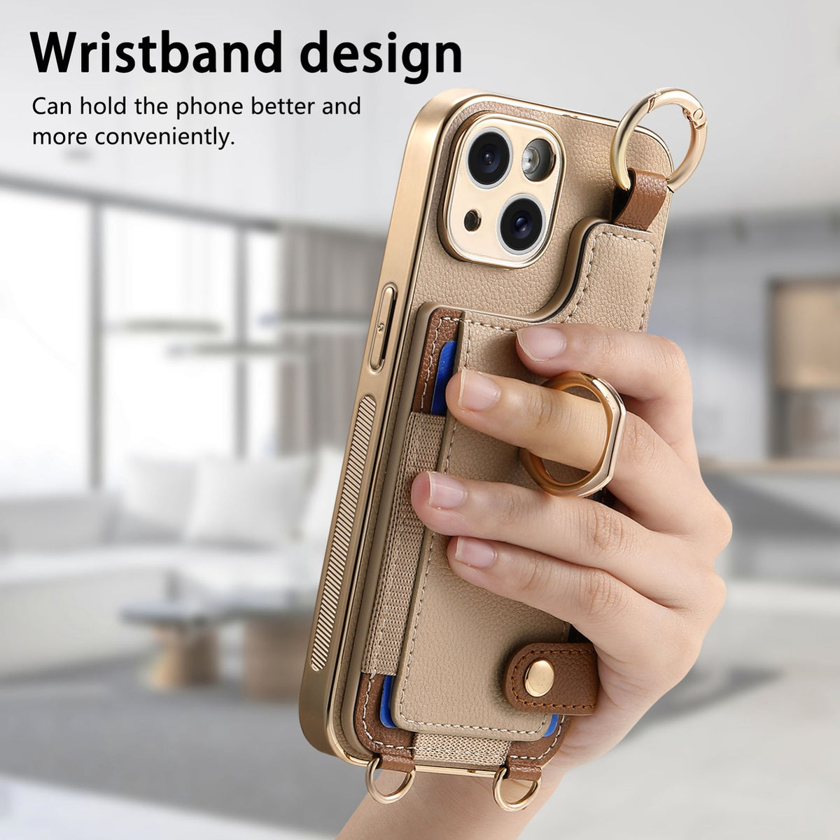 ELECTROPRIME For iPhone 15 Fashion Ring Card Bag Phone Case with Hang Loop(Khaki)